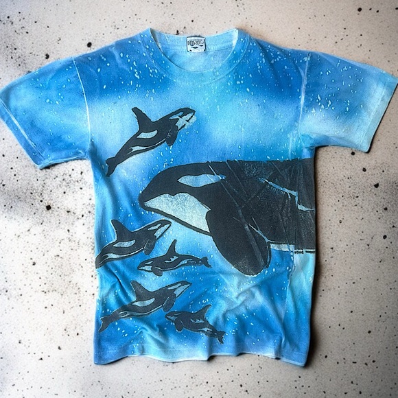 90s Single Stich Ocean Killer Whales Big Fish Nature Animals AOP Graphic vintage - Picture 1 of 10